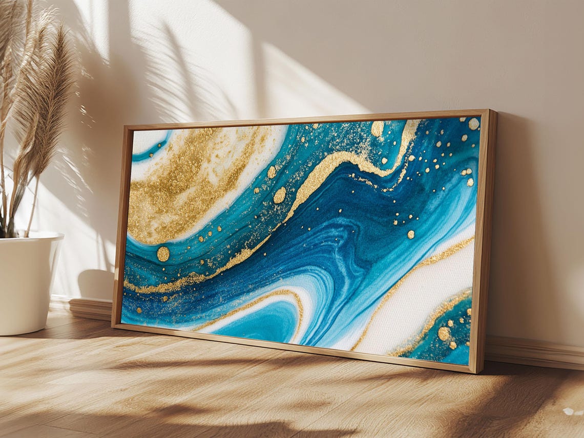 Blue White Gold Marble Abstract Swirl Statement Centerpiece Wall Art - Image 6