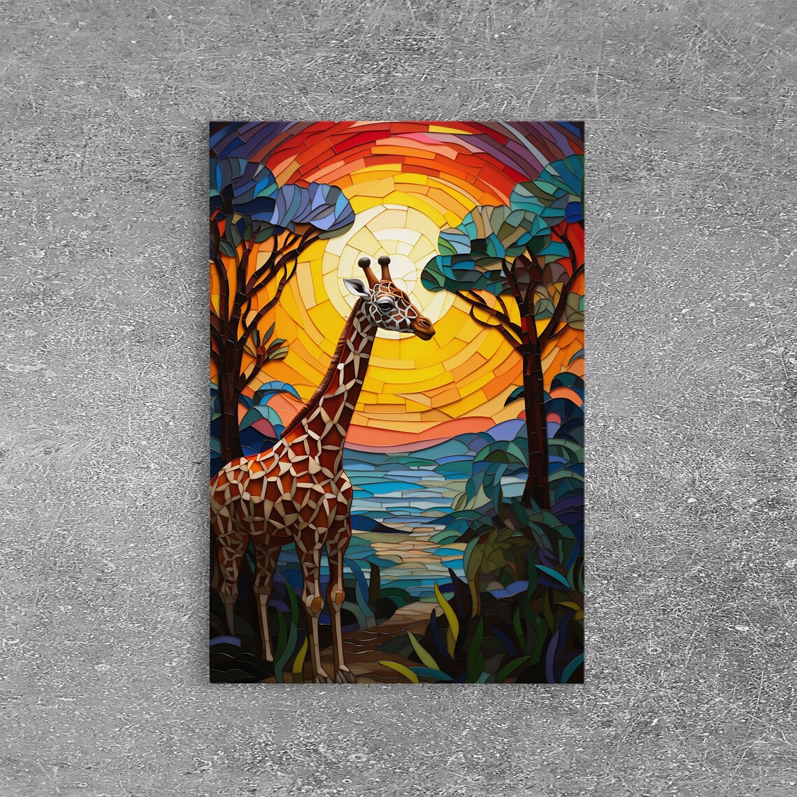 Giraffe At Sunset Mosaic Style African Savannah Acacia Trees Art Poster