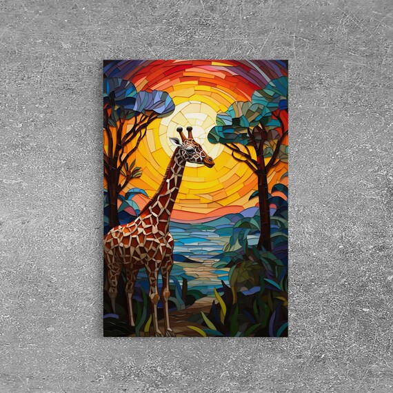 Giraffe At Sunset Mosaic Style African Savannah Acacia Trees Art Poster