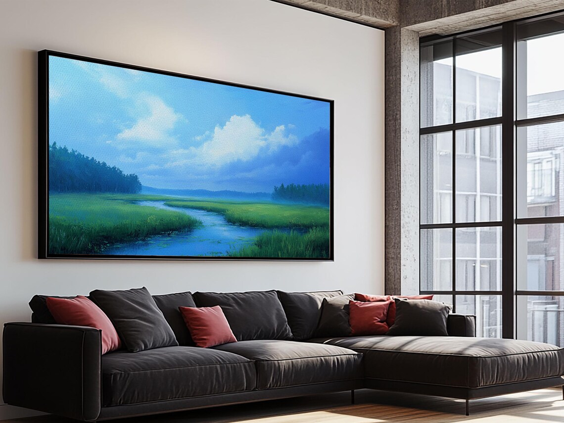 Serene Marshland River Landscape Green Meadow Blue Sky Panoramic Art Poster - Image 3