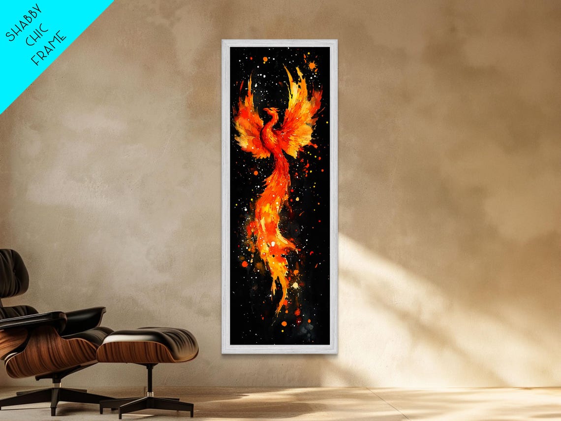 Fiery Phoenix Rising Starry Night Cosmic Bird Vertical Wall Art - Image 3