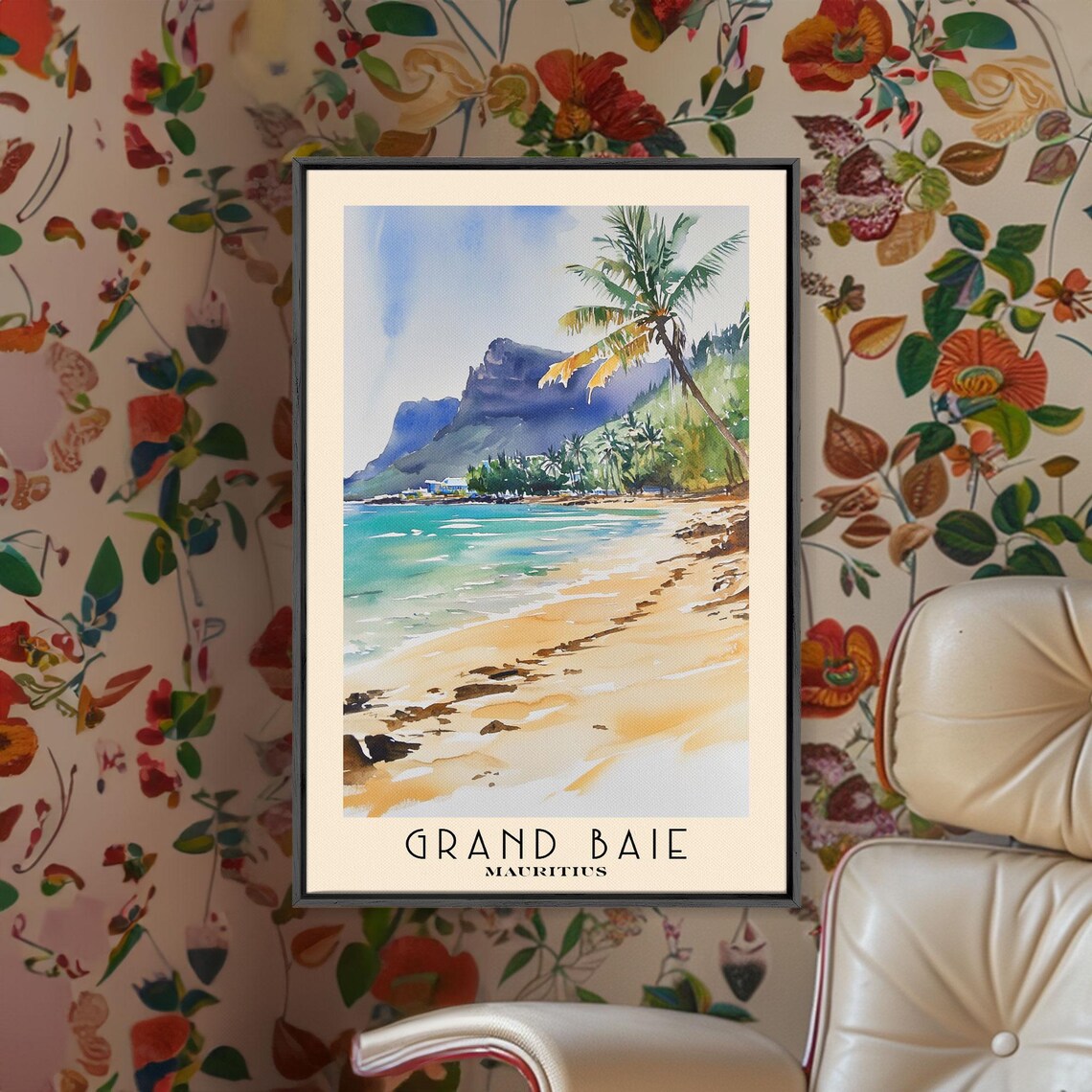 Grand Baie Mauritius Golden Beach Palm Green Mountain View Poster - Image 2