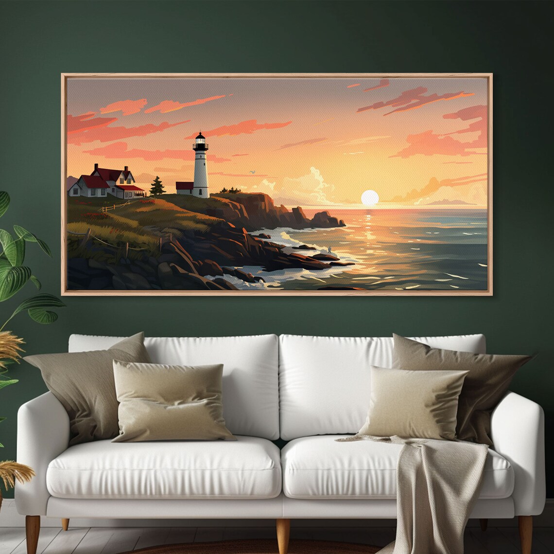 White Lighthouse Rocky Coast Sunset Orange Sky Ocean Waves Nautical Wall Art Poster - Image 3