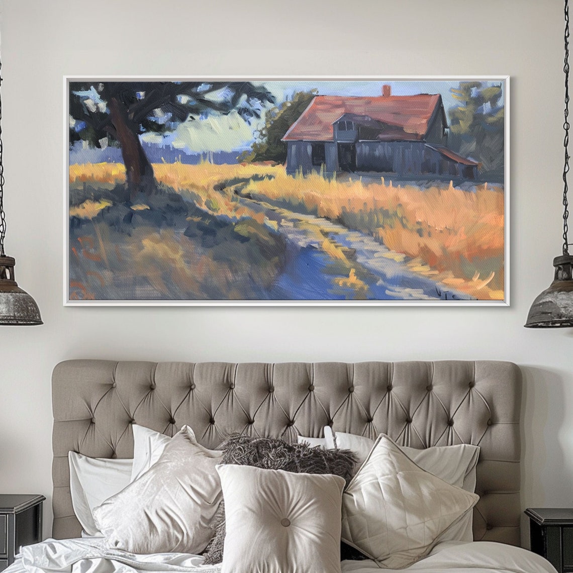Quaint Old Barn Country Road Golden Wheat Field Dappled Light Wall Art - Image 2