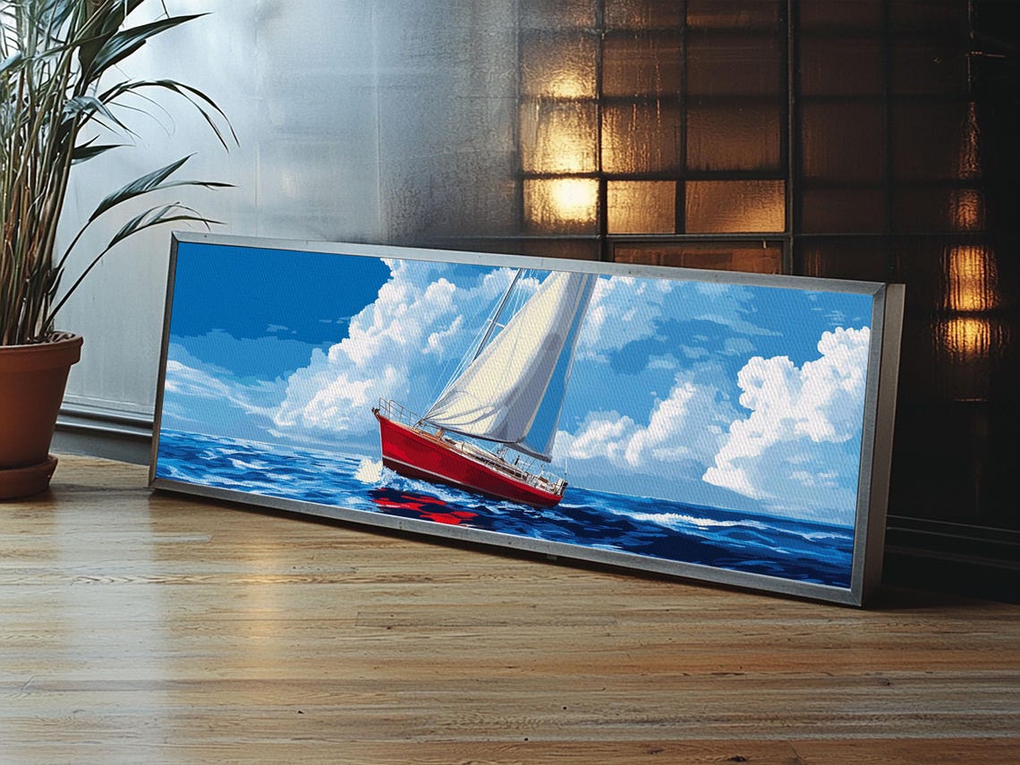 Red Sailboat Bright Blue Sea Pop Art Panoramic Nautical Wall Poster - Image 5
