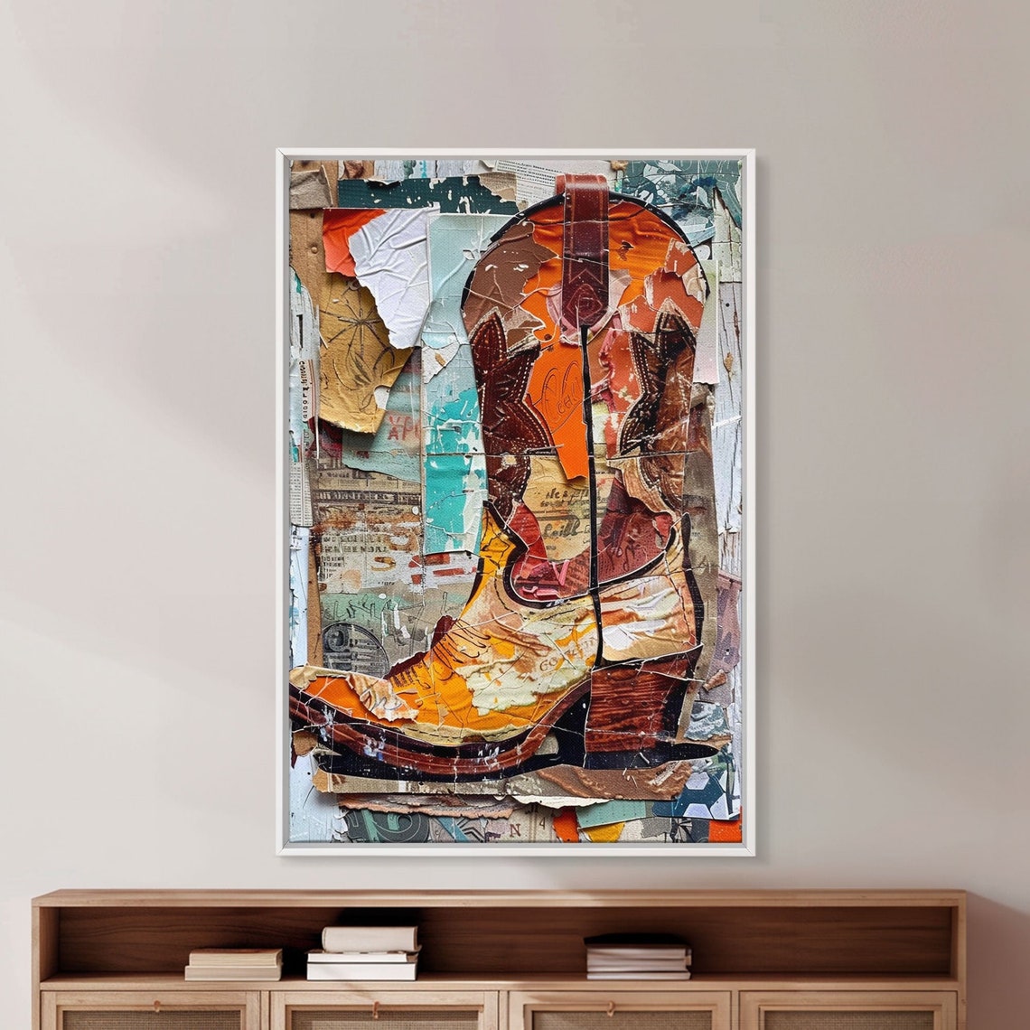 Cowboy Boot Paper Collage Mixed Media Orange Teal Western Wall Art - Image 2