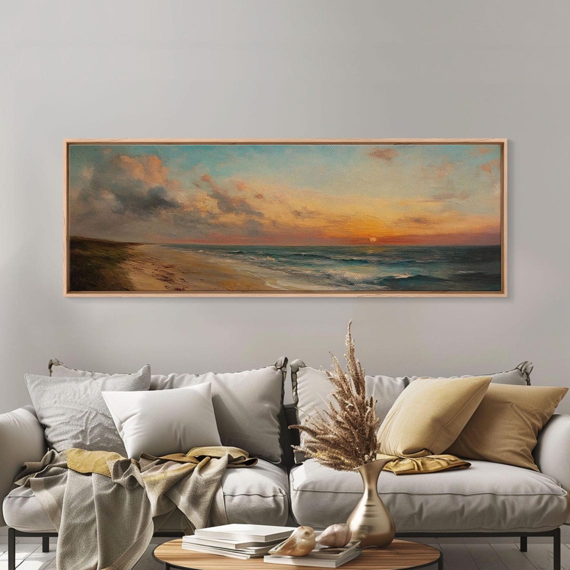 Muted Beach Sunset Calm Ocean Waves Vintage Oil Travel Poster - Image 2