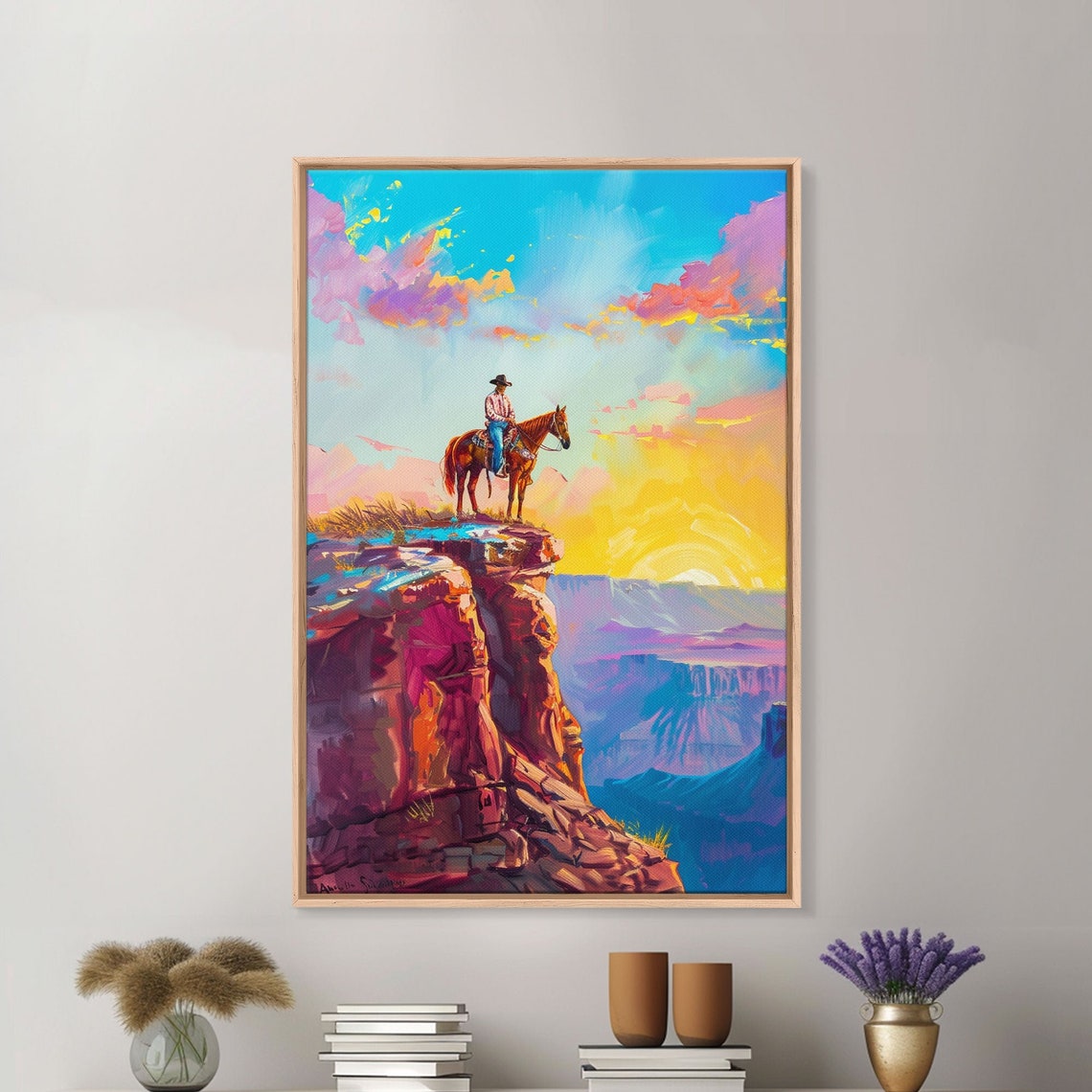 Cowboy On Horseback Canyon Cliff Edge Colorful Sunrise Western Poster - Image 2