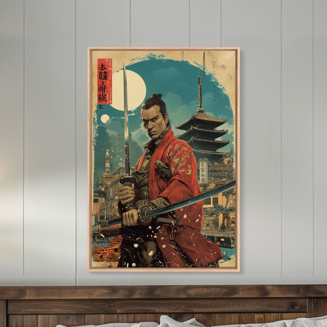 Japanese Samurai Poster in Red Robe with Katanas Before Pagoda Moon - Image 5