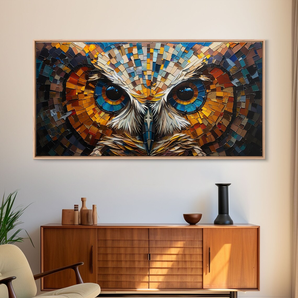 Owl On The Hunt, Stained Glass Style Moon Poster