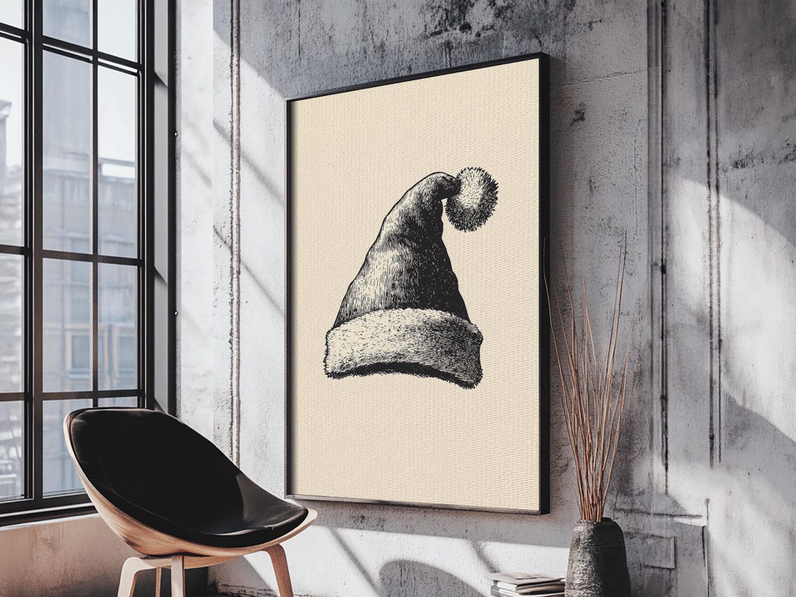 Minimalist Santa Hat Black Ink Sketch Vintage Christmas Holiday Poster