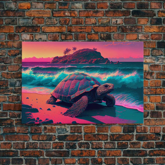 Sea Turtle On Seashore Beach Ocean Sea Sunset Blue Pink Fine Art Print Wall Art Print Wall Poster Wall Decor