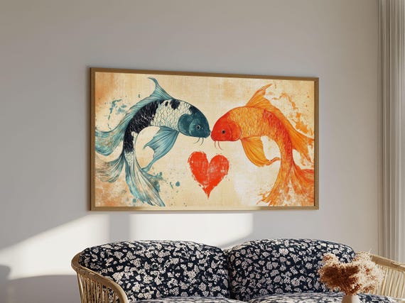 Cute Koi Fish Kissing Couple Gift Idea Framed Print Valentines Day Wall Art Wall Art For Couples Engagement Gift Idea