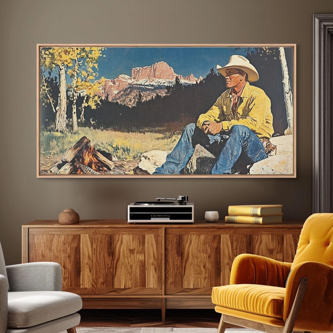 Cowboy Resting By A Campfire With A Mountain Backdrop Art Print - Image 4