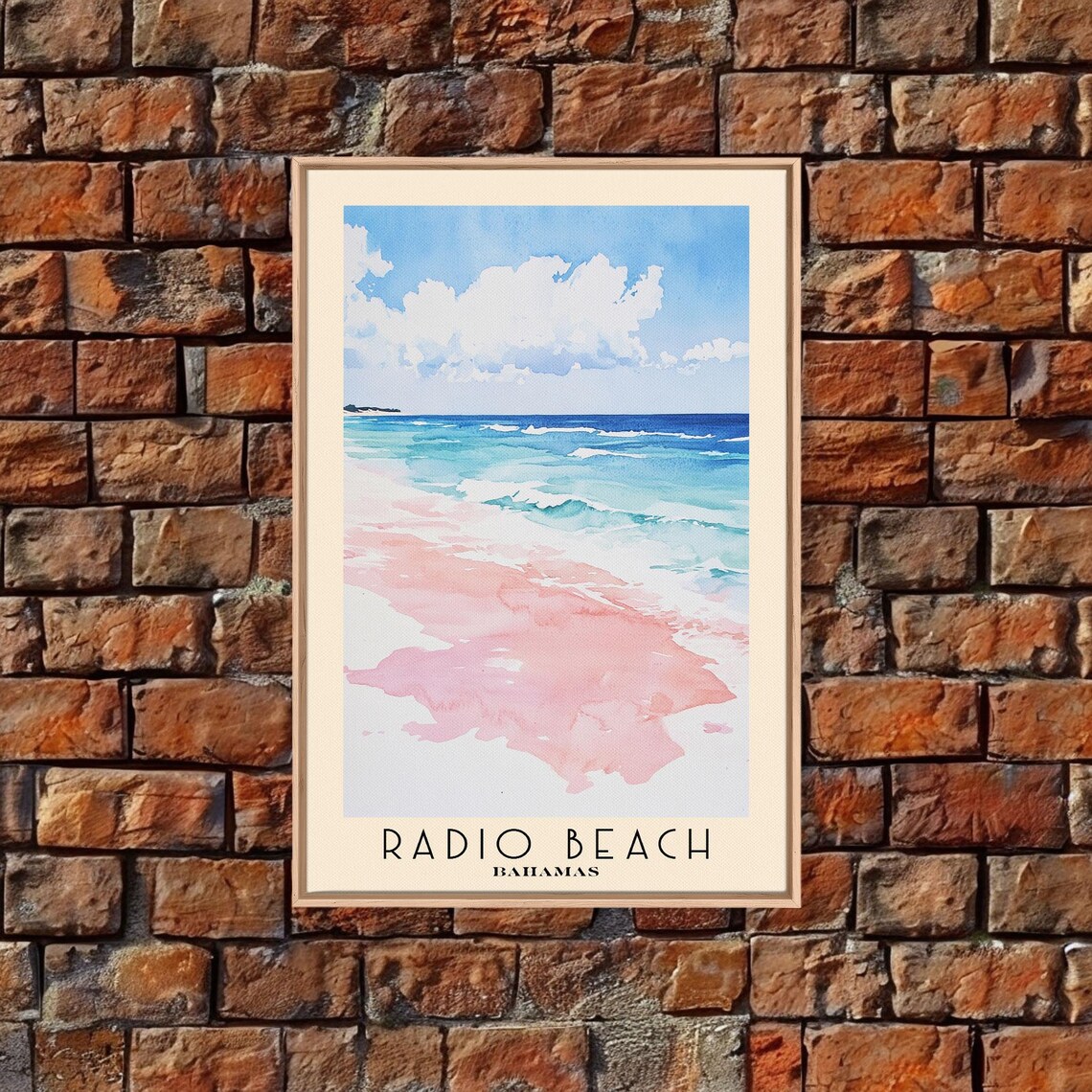 Radio Beach Bahamas Pink Sand Beach Turquoise Surf White Clouds Watercolor Poster - Image 4