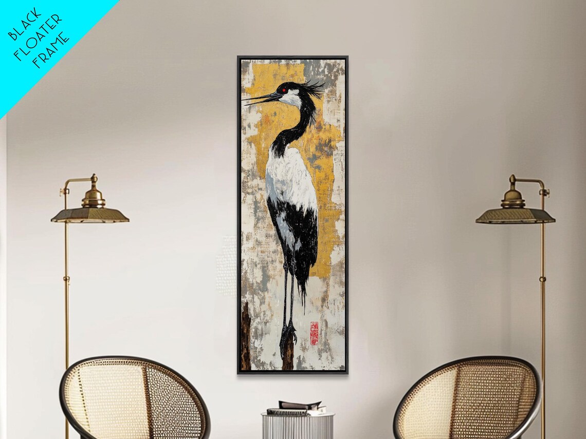Black White Crane Gold Textured Background East Asian Bird Painting Poster - Image 6