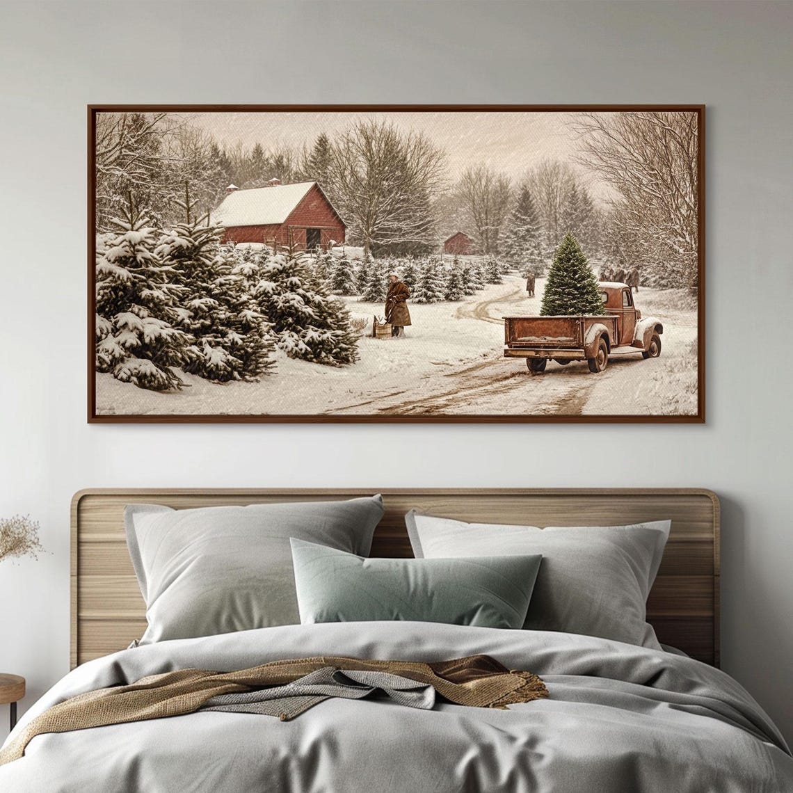 Vintage Christmas Tree Farm Truck Red Barn Snowy Sepia Wall Art - Image 5