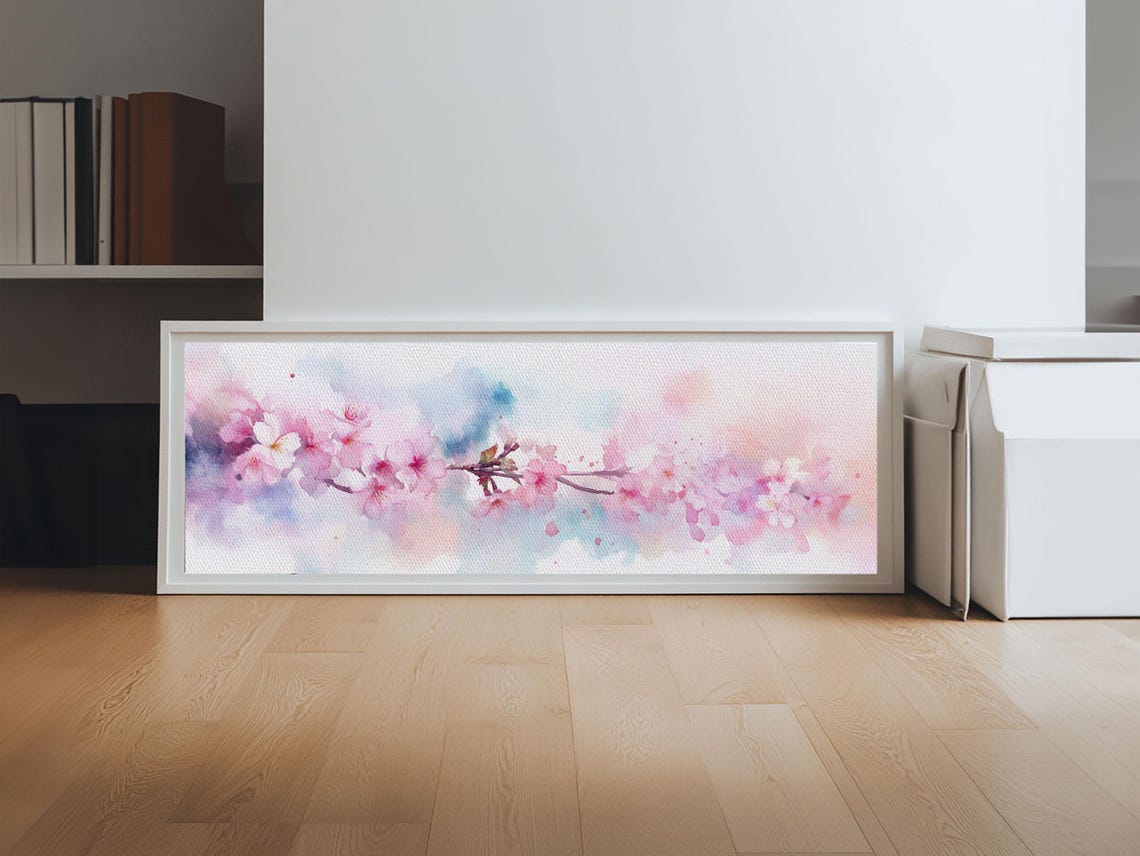 Cherry Blossom Branch Pink Watercolor Ukiyo E Panoramic Wall Poster - Image 3
