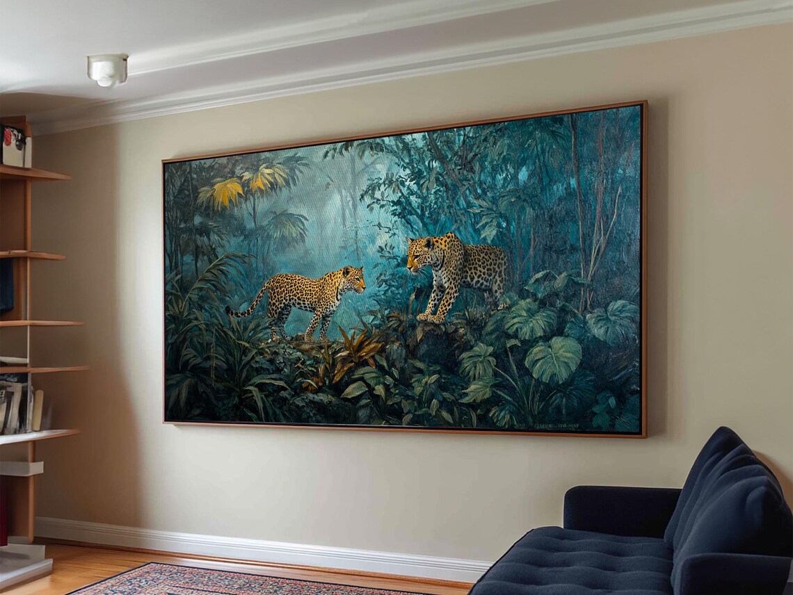 Two Leopards In Misty Teal Jungle Moody Wildlife Panoramic Wall Art Print - Image 4