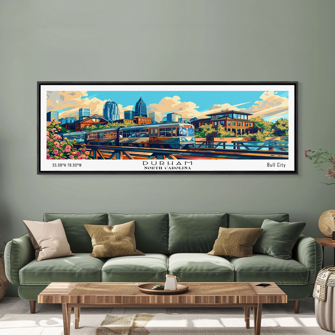 Durham North Carolina Light Rail Train Downtown Skyline Travel Poster
