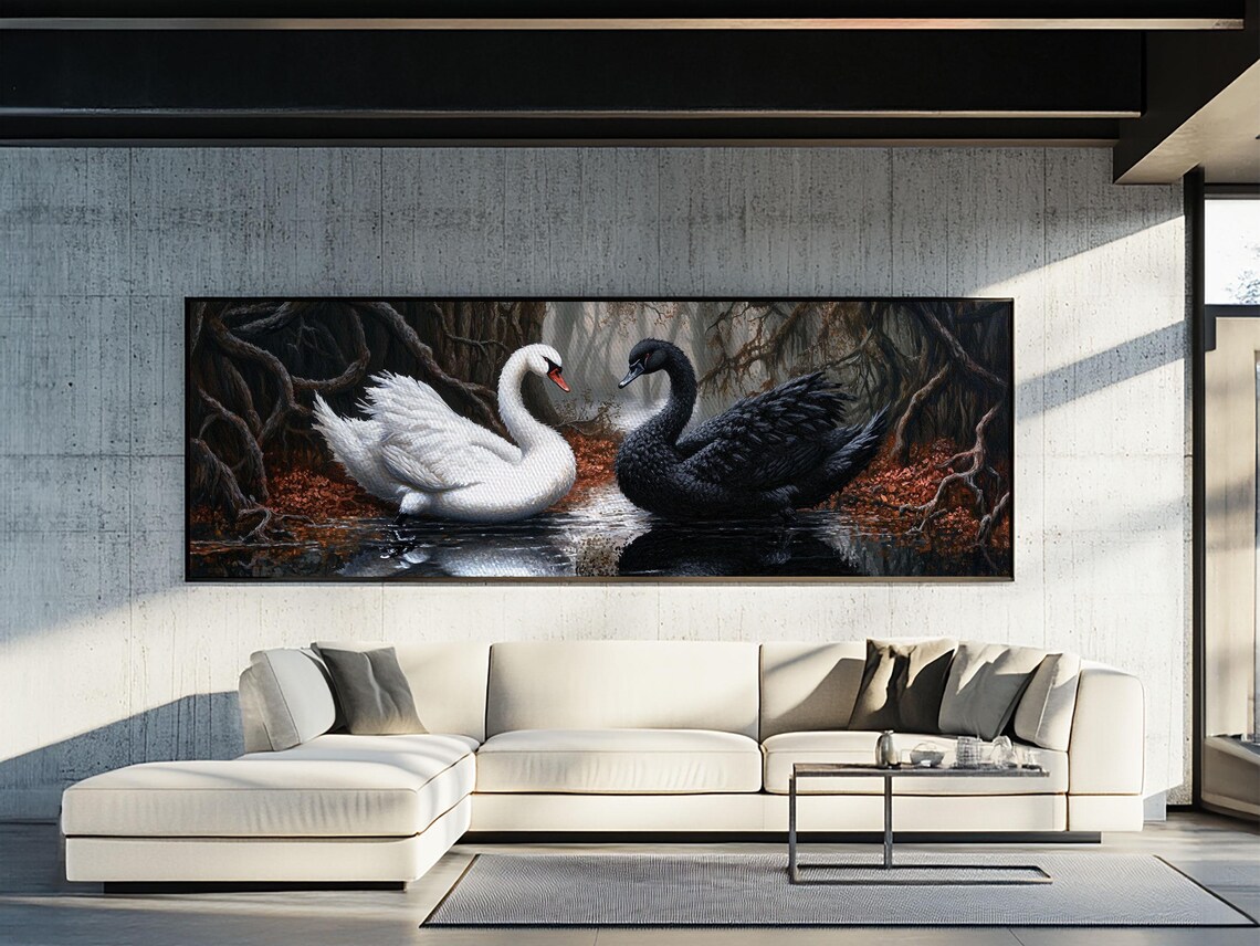 Black White Swans Heart Dark Water Gothic Romance Panoramic Wall Poster - Image 6