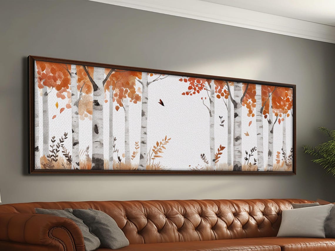 Birch Trees Orange Autumn Leaves Watercolor Panoramic Fall Wall Poster - Image 3