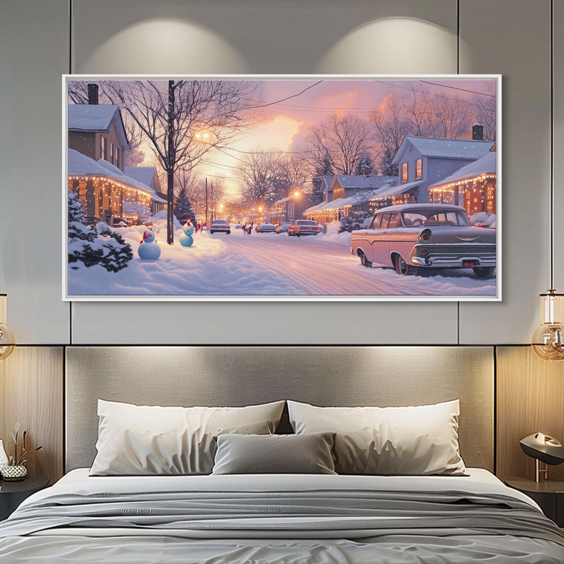Snowy Suburban Street At Dusk With A Classic Car And Lights Poster - Image 3