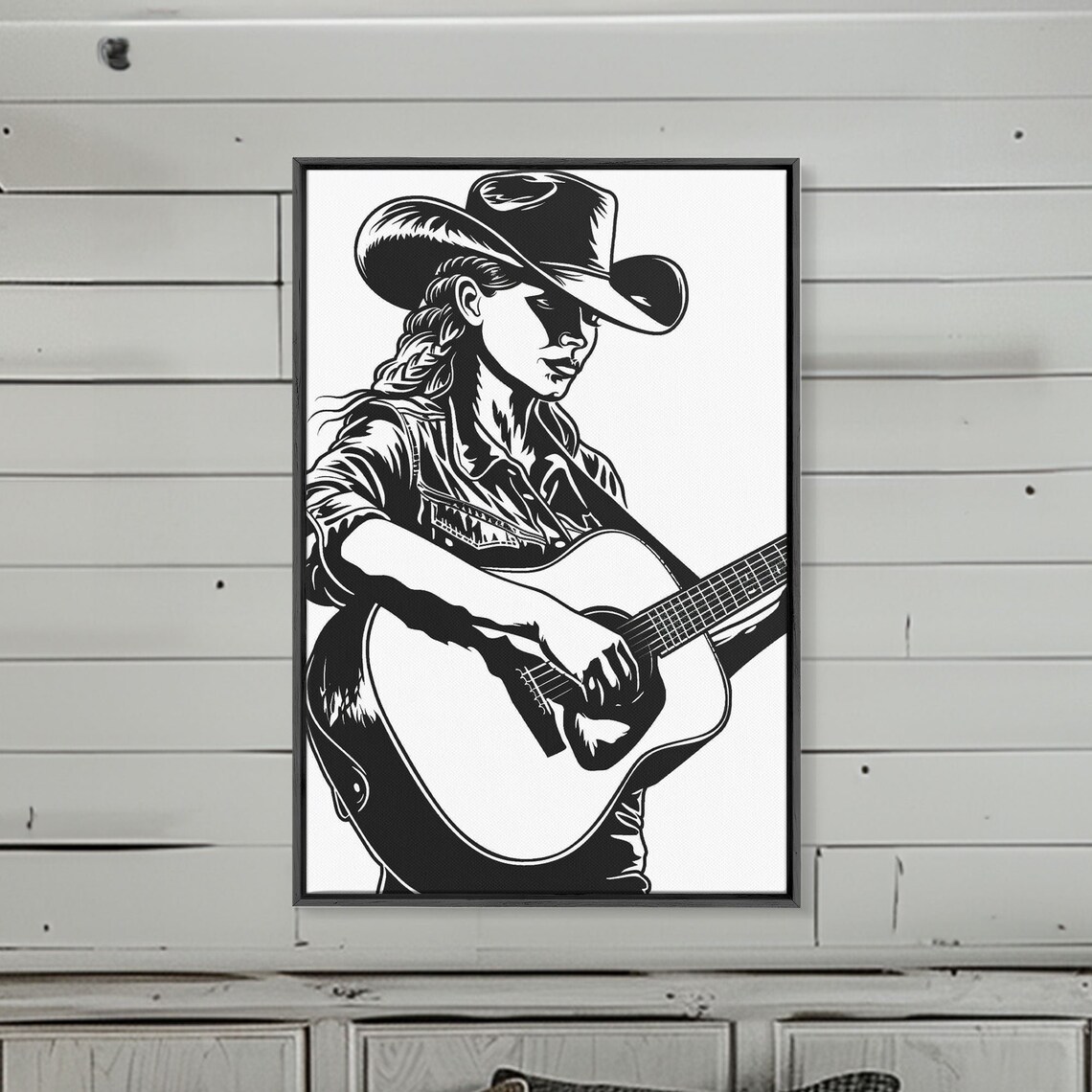 Cowgirl Playing Guitar Black White Bold Country Music Art Poster - Image 5