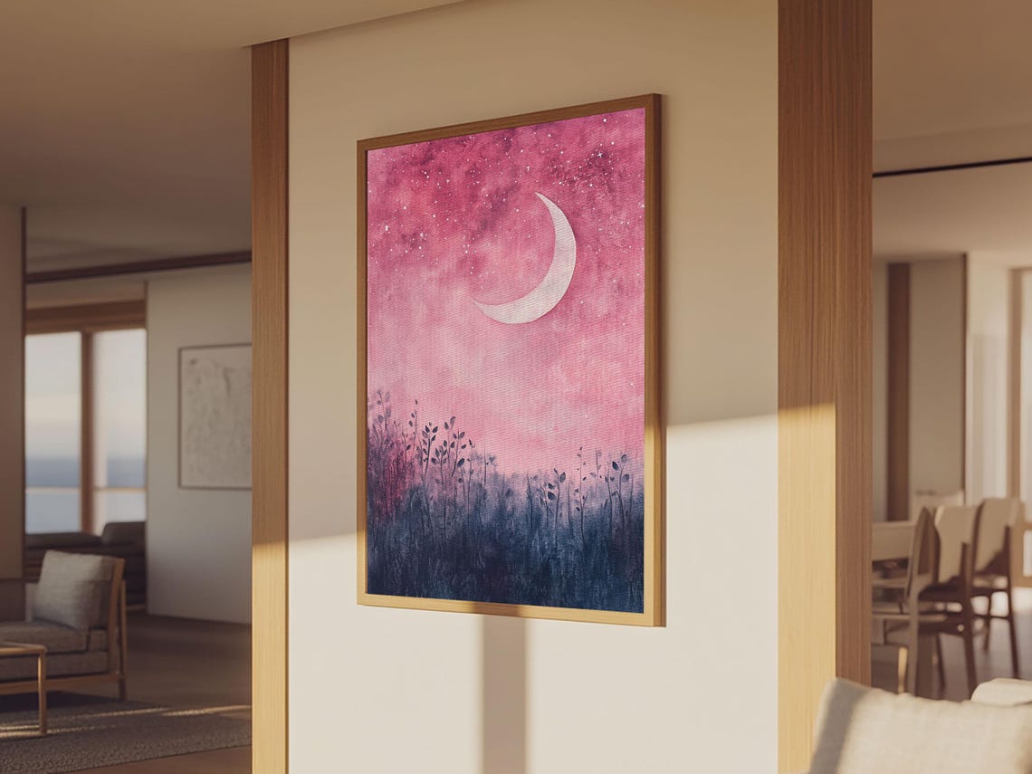 Crescent Moon Over Pink Starry Night Meadow Watercolor Wall Art - Image 2