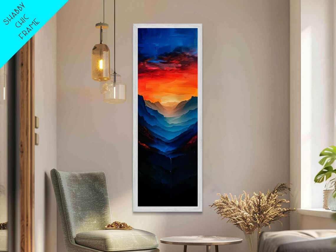 Sunset Over The Mountain Valley Framed Print Midcentury Modern Style Art Modern Decor Abstract Landscape Painting Tall Ar - Image 4