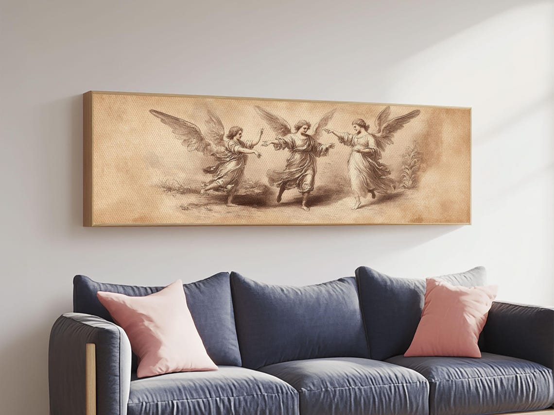 Three Angels Dancing Vintage Sepia Sketch Panoramic Angel Wall Poster
