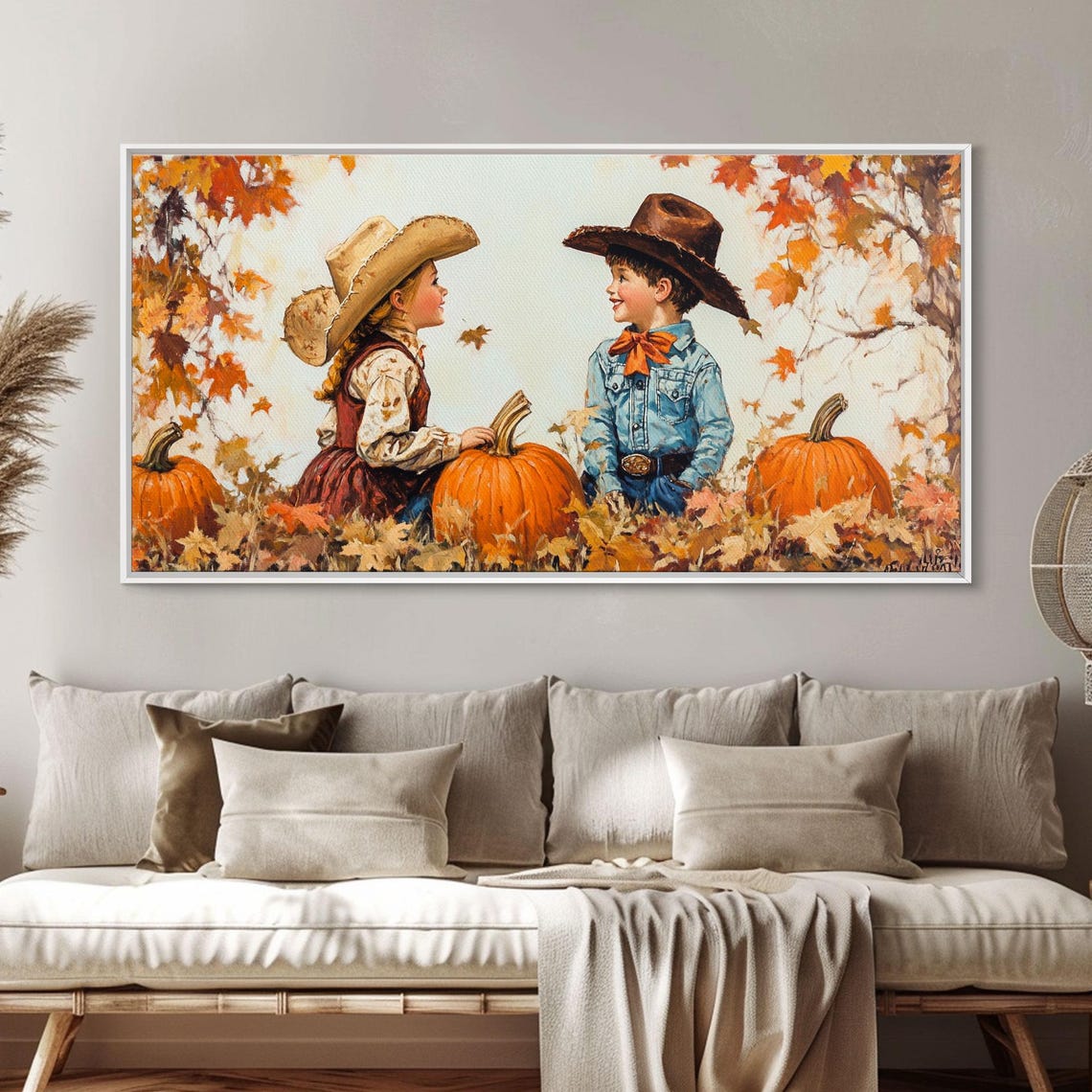 Cute Cowboy And Cowgirl In A Pumpkin Patch Framed Print 1950s Style Wall Art Nursery Decor - Image 3
