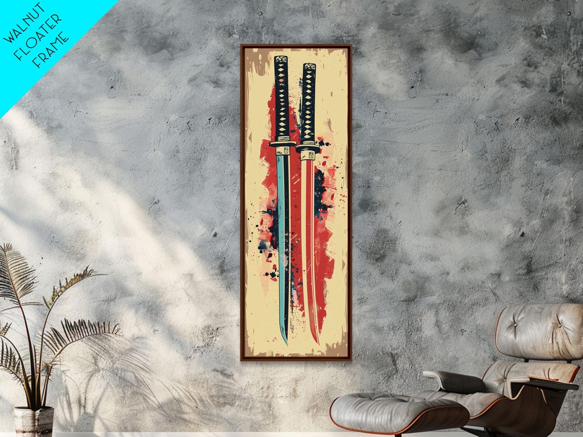 Pair Of Katana Swords With Red Ink Splash Japanese Pop Art Poster - Image 5