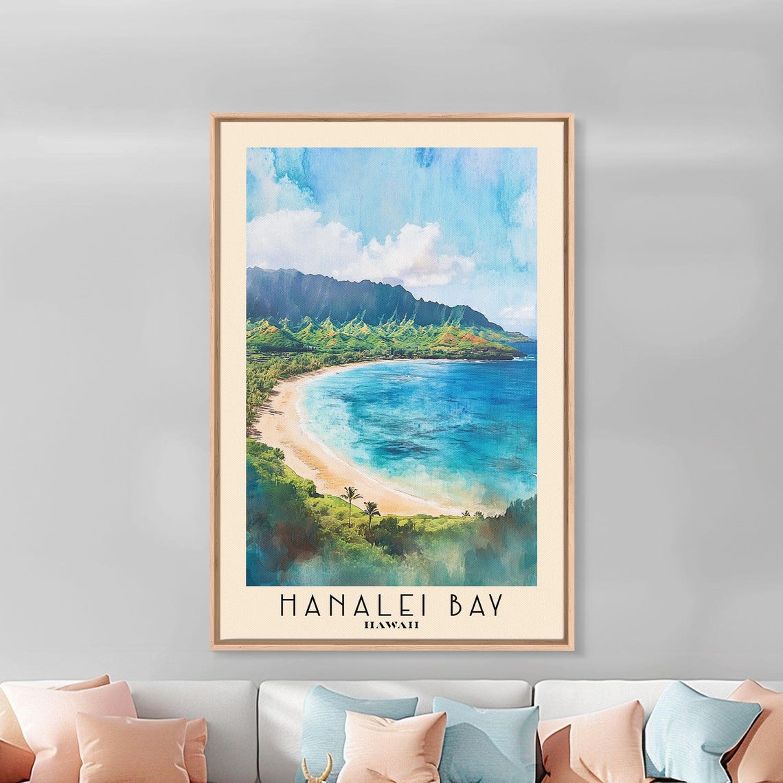 Hanalei Bay Hawaii Golden Crescent Beach Green Peaks Watercolor Poster - Image 3