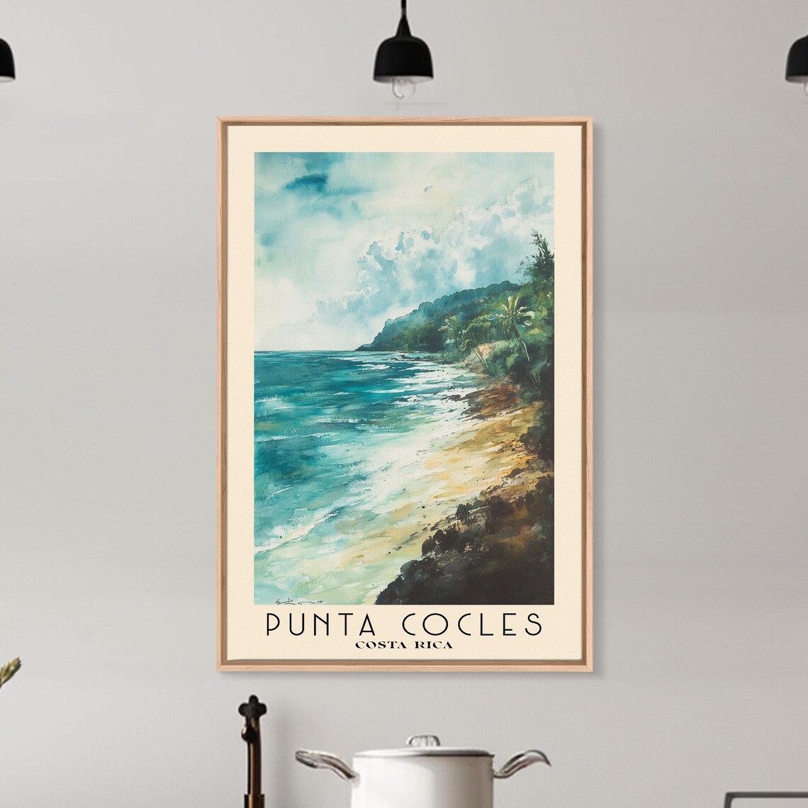 Punta Cocles Costa Rica Sandy Beach Green Hills Turquoise Surf Watercolor Poster - Image 6