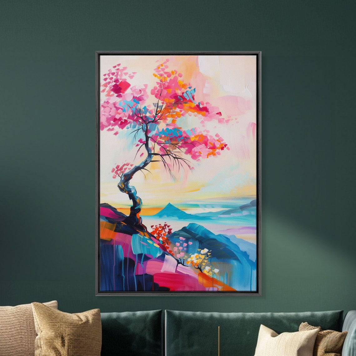 Colorful Tree On A Cliff Framed Print Vibrant Wall Art Living Room Decor Modern Nature Artwork Bold Tree Art Bedroom Decor - Image 4
