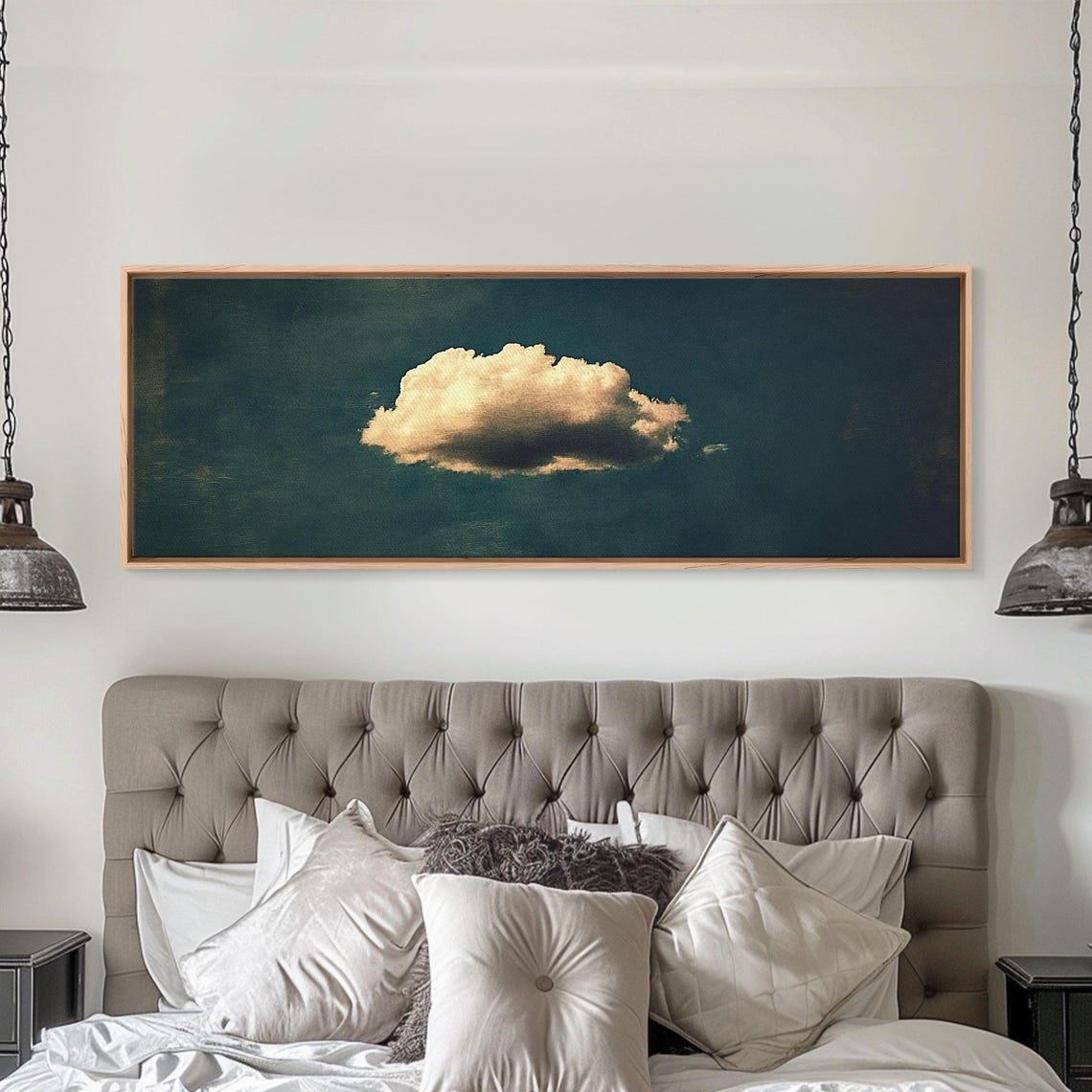 The Lonely Cloud Framed Print Vintage Moody Cloud Wall Art Single Cloud In A Blue Sky Vintage Above Bed Boho Art - Image 2