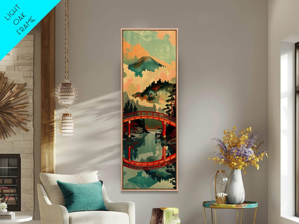 Mount Fuji Red Arched Bridge Reflection Woodblock Style Travel Poster - Image 6