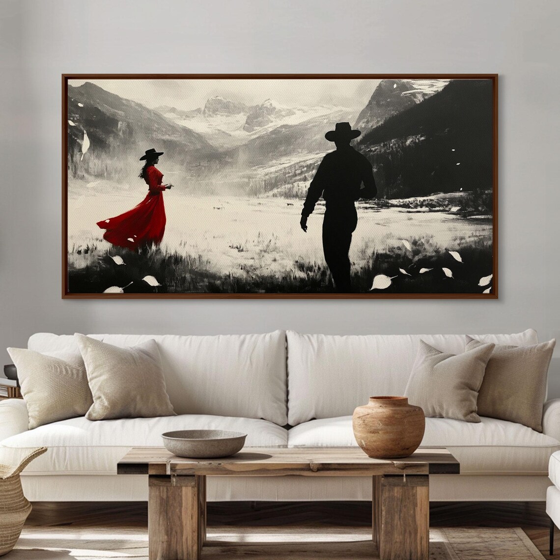 Red Dress Cowgirl Cowboy Silhouette In Snowy Mountain Lake Art Poster