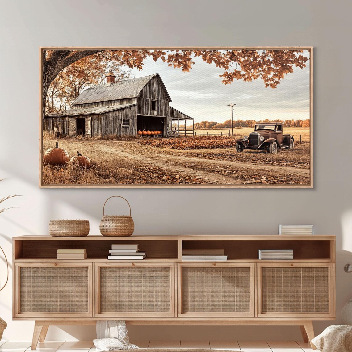 Weathered Barn Vintage Truck Pumpkins Rustic Autumn Farm Wall Art - Image 2