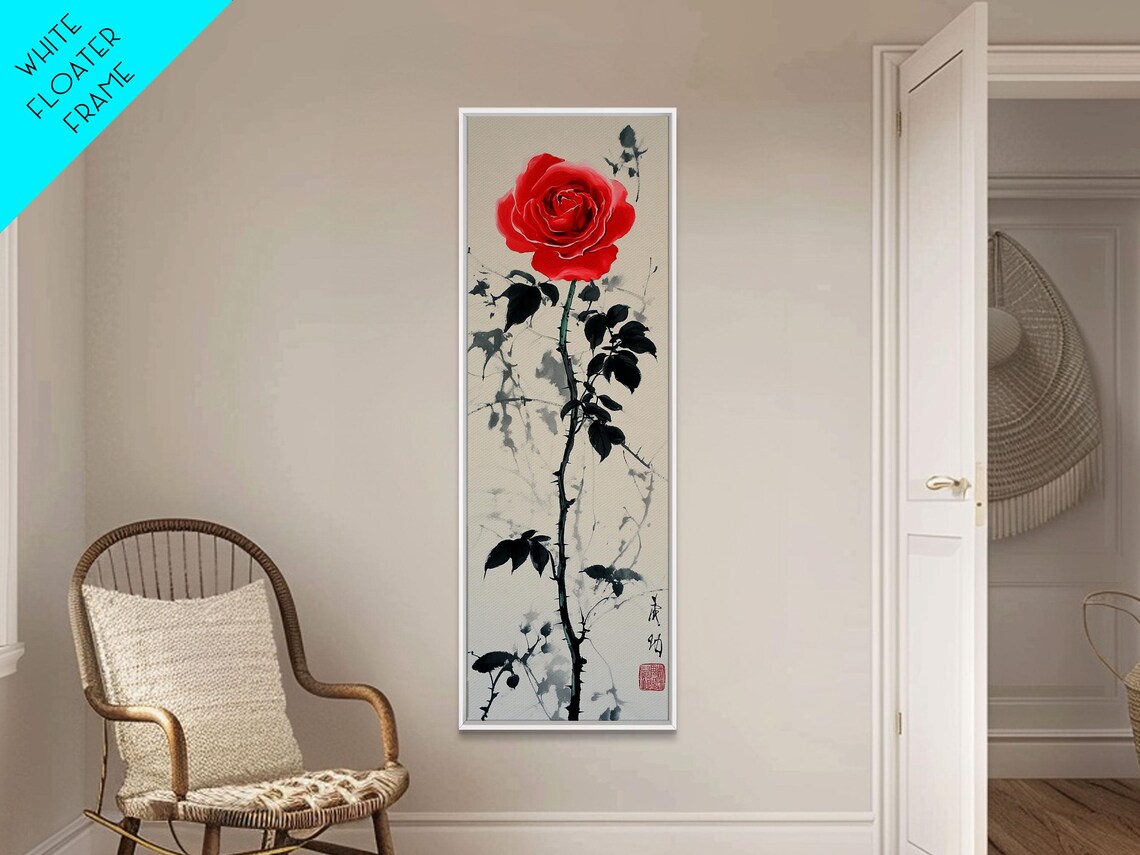 Red Rose Ink Wash Leaves White Background East Asian Botanical Poster - Image 5