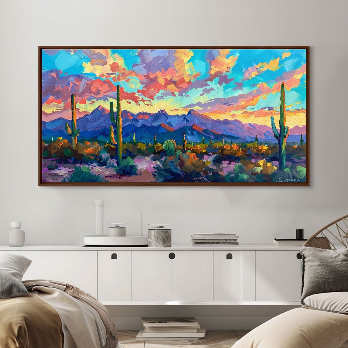 Colorful Desert Sunset Saguaro Cacti Purple Mountain Abstract Poster