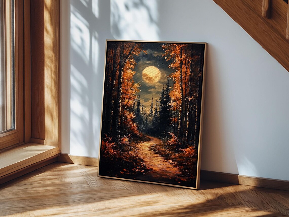 Haunted Autumn Forest Full Moon Path Spooky Eerie Night Halloween Art Poster