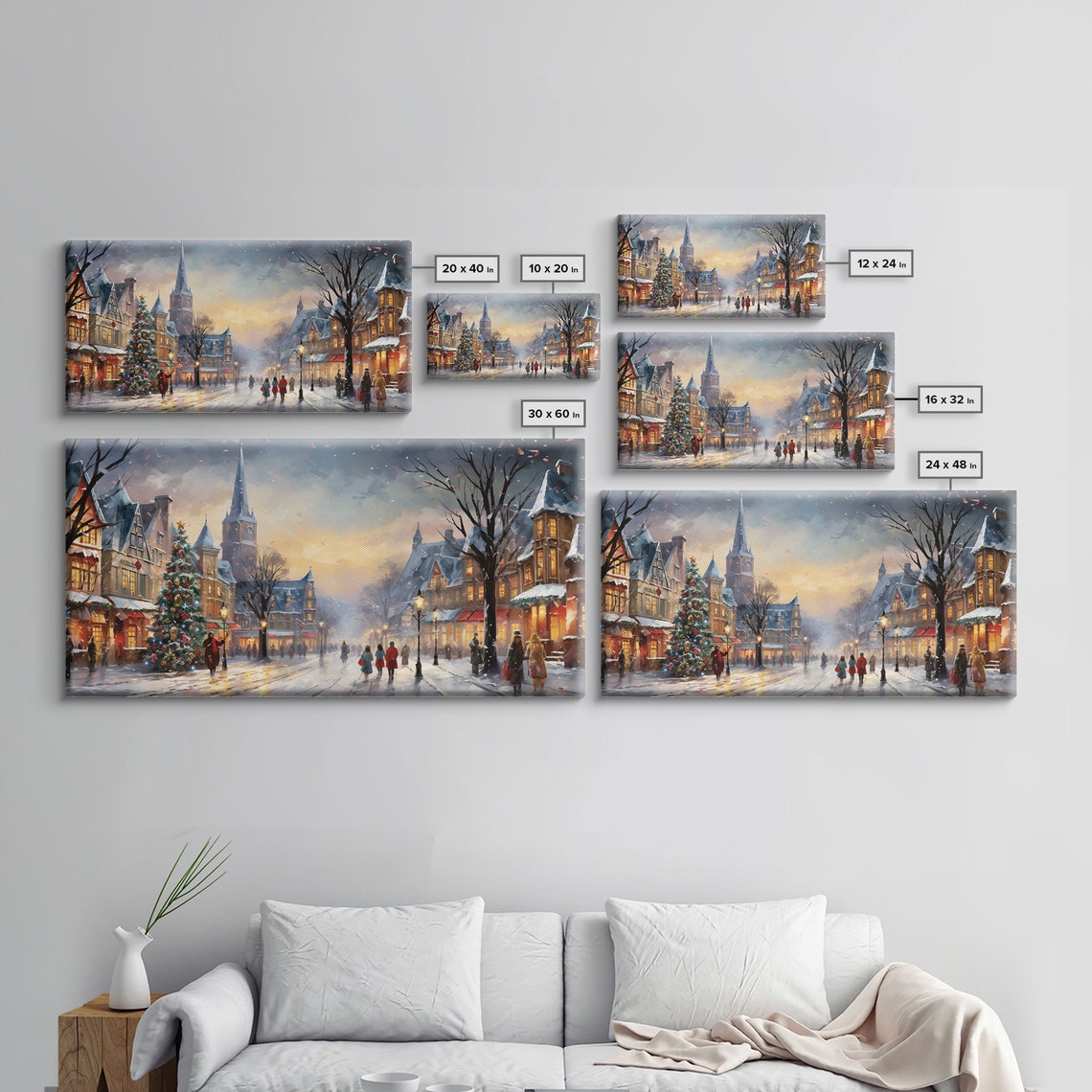 Snowy Christmas Town Square Tree Church Spire Lanterns Dusk Art Poster - Image 2
