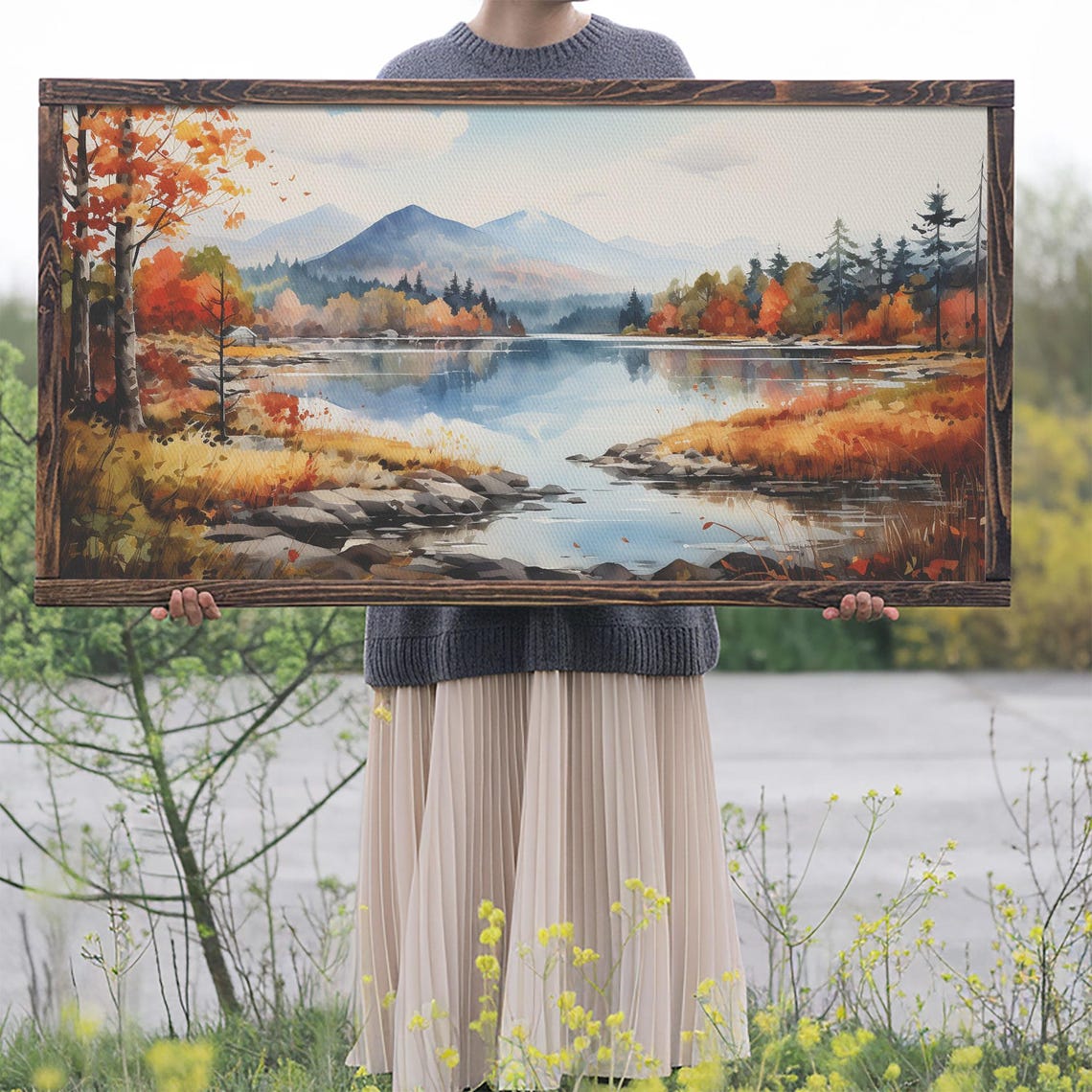 Autumn Lake Mountains Fall Colors Watercolor Landscape Wall Art - Image 2