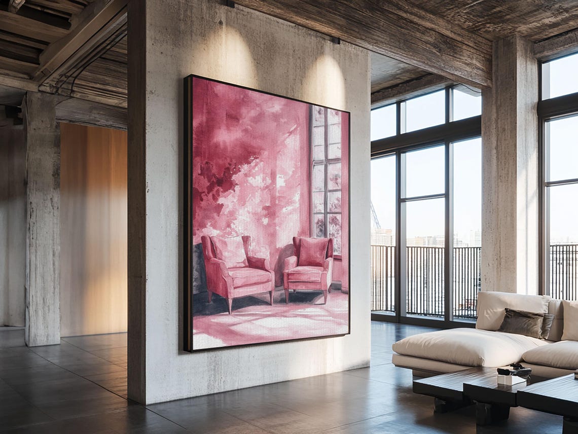 Pink Armchairs By Window Cozy Watercolor Interior Reading Nook Art - Image 5