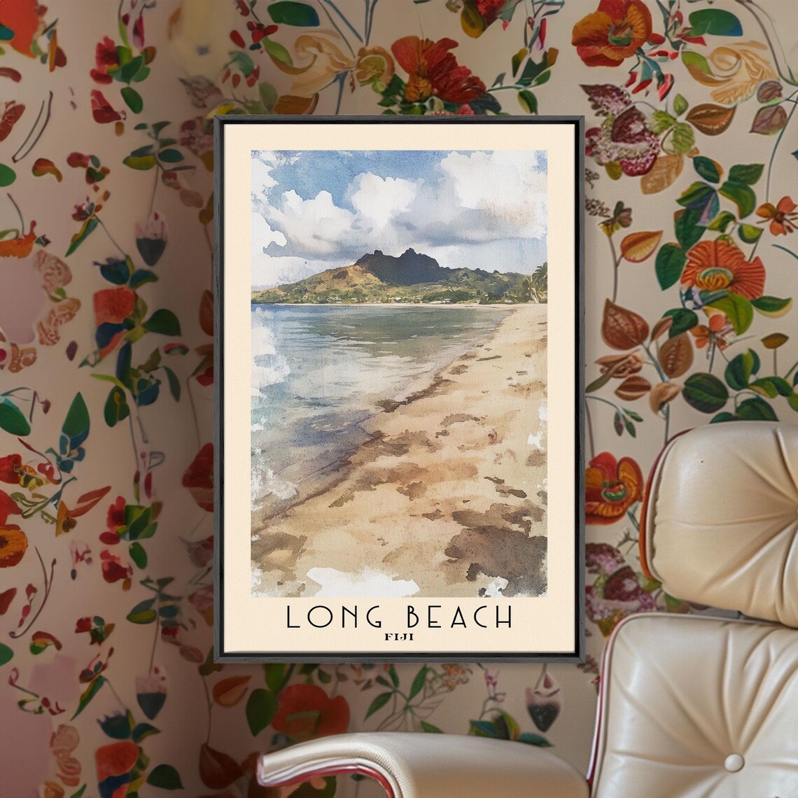 Long Beach Fiji Sandy Shore Calm Sea Mountain View Watercolor Poster - Image 2
