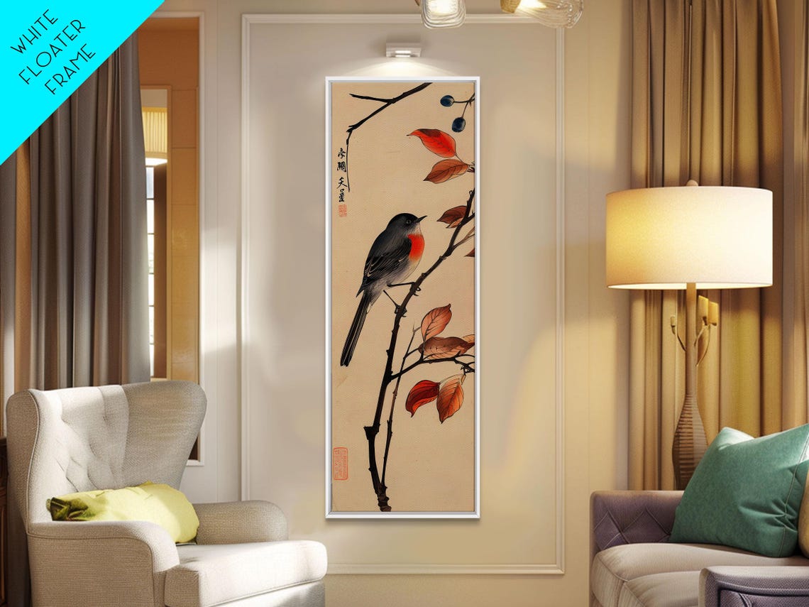 Songbird On Autumn Branch With Red Berries Vintage Woodblock Wall Art - Image 2