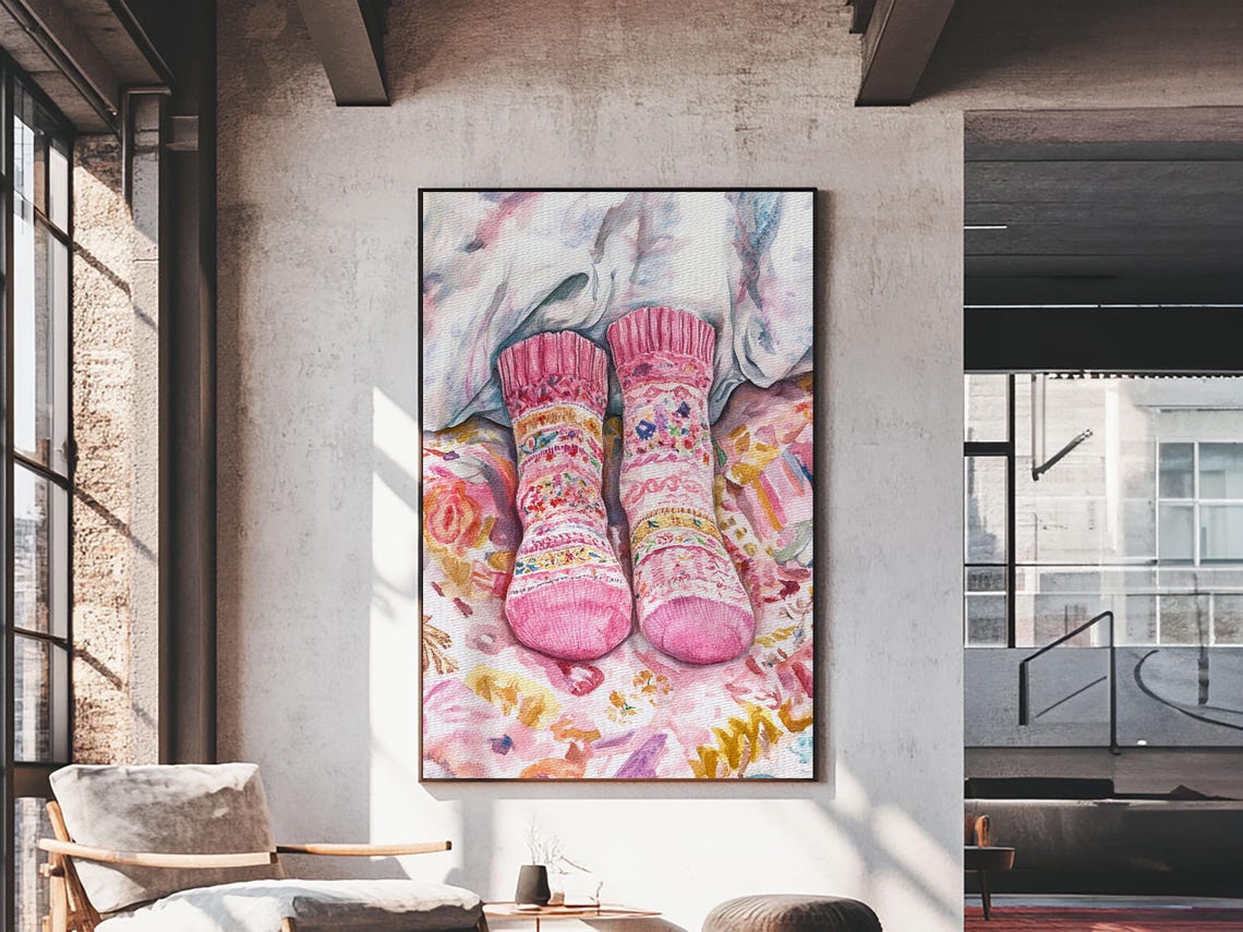 Cozy Pink Socks Watercolor Patterned Knit Winter Bedroom Art Poster - Image 4