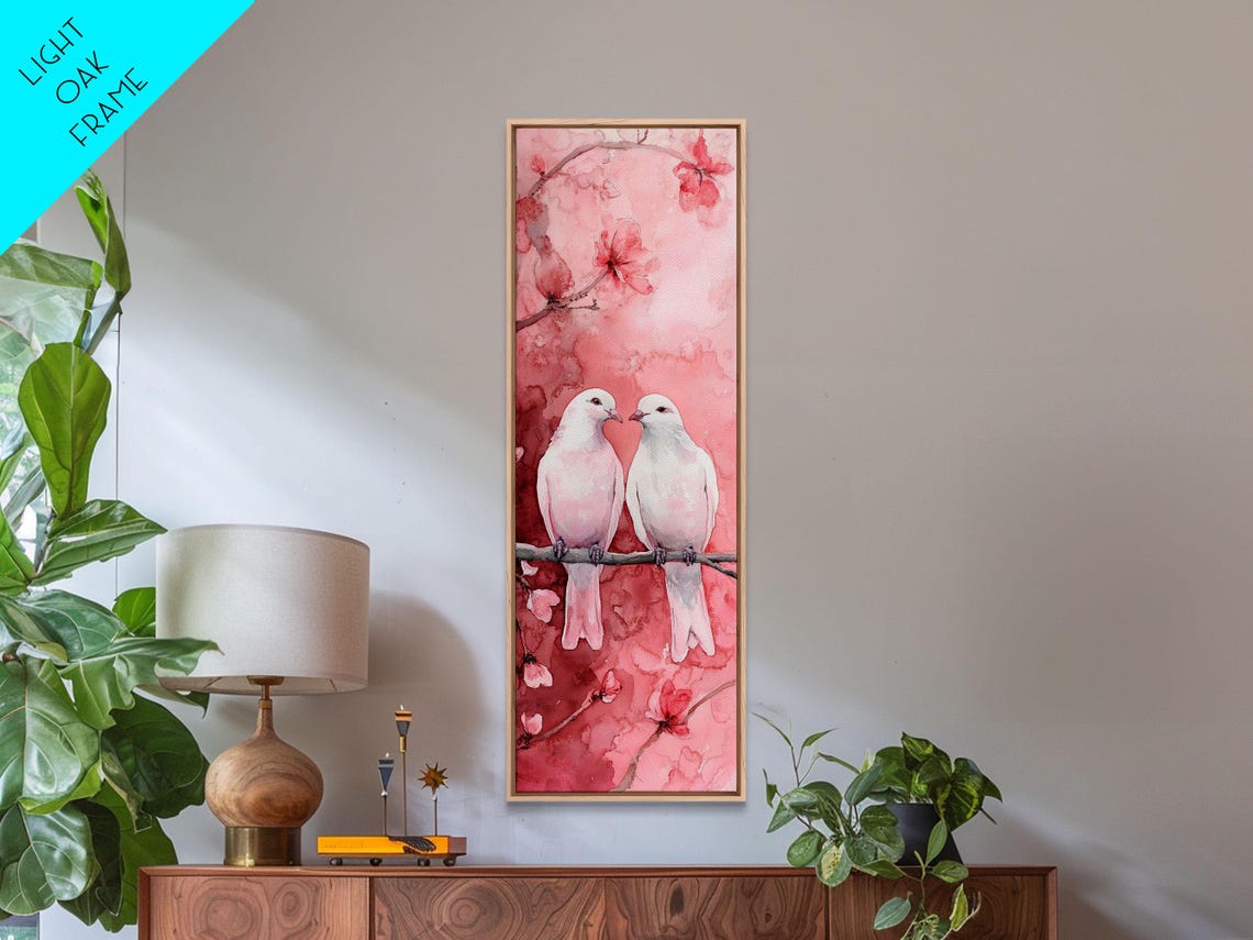 White Lovebirds On Cherry Blossom Branch Pink Romantic Wall Art - Image 4